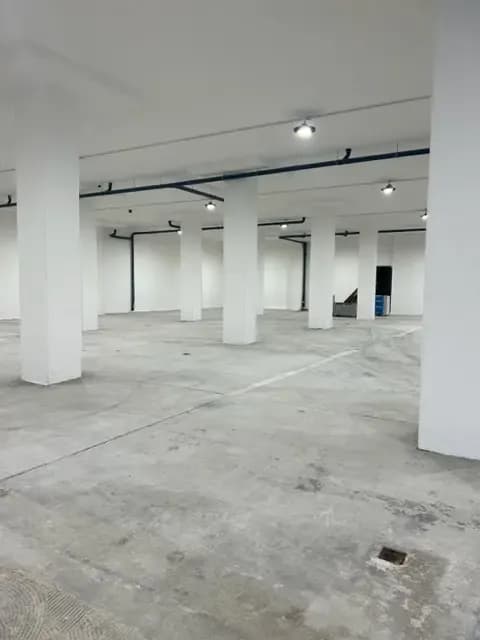 Innenansicht der 540-m²-Lagerhalle mit weißen Säulen und Betonboden